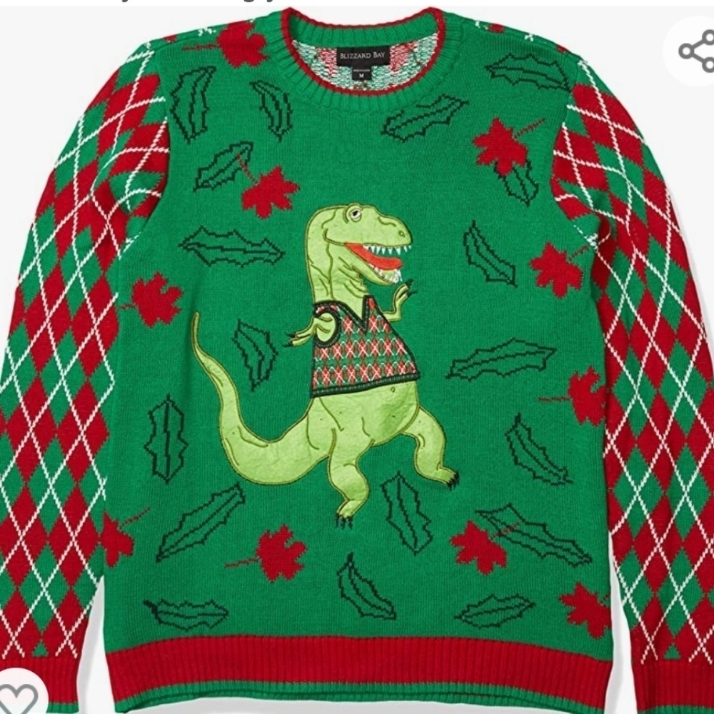 Blizzard Bay Mens Timmy the T-Rex in an Argyle Vest Ugly Christmas Sweater SZ L
